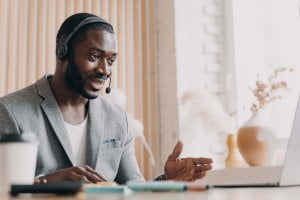 A man wearing a VoIP headset